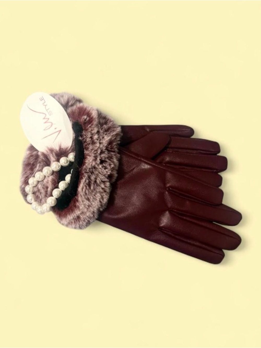 V. W Burgundy vegan leather faux fur trim winter gloves
